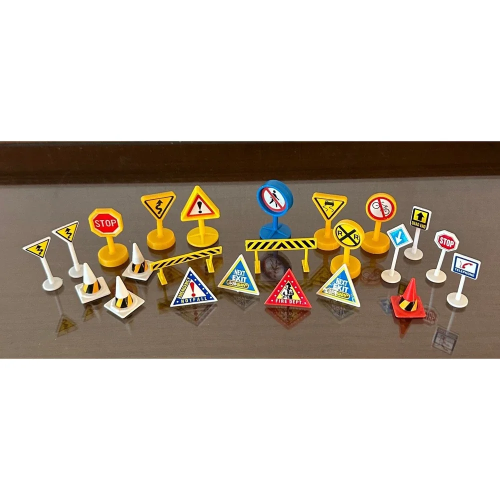 Vintage Miniature Plastic Road Signs Traffic Cones Barriers Toy Set 20+ Pieces